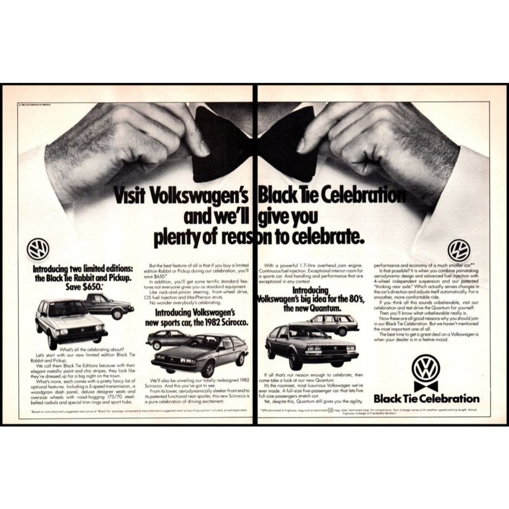 1982 VW Volkswagen Black Tie Sale 2 Page Vintage Print Ad Scirocco Wall Art
